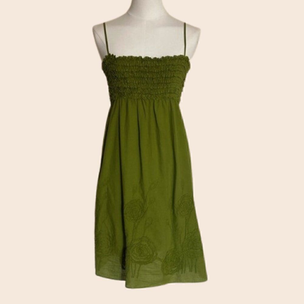 Studio M Green Cotton Babydoll 90's Floral Embroidered Dress Size Medium